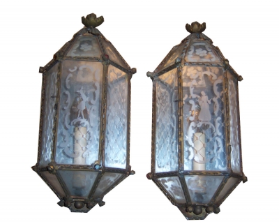 Pair of Continental Etched Glass Sconces