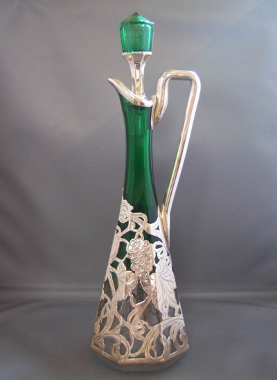 American Sterling Overlay Green Glass Decanter