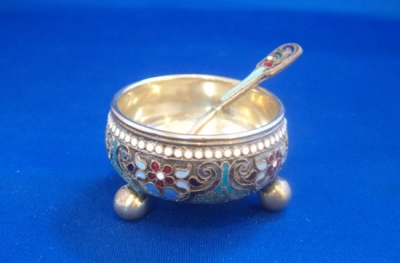 Russsian Silver Gilt & Enamel Salt & Spoon