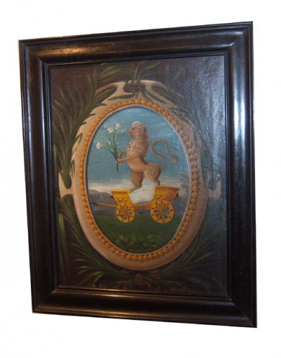 Italian Oil on Canvas of a Lion and Coat of Arms