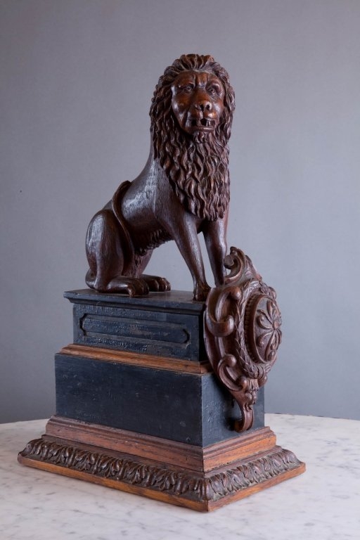 19th c. Continental Carved Wooden Lion