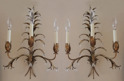 Pair Italian Florentine Gilded Tole & Crystal Sconces