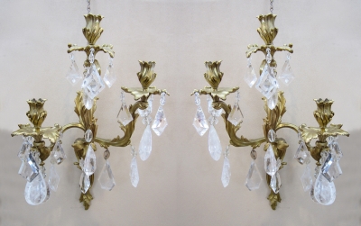 Pair 19th C. Rock Crystal & Ormolu Sconces