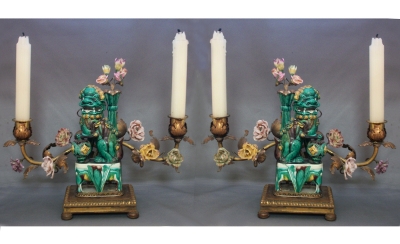 Pair of French Mounted Foo Dog Candelabra