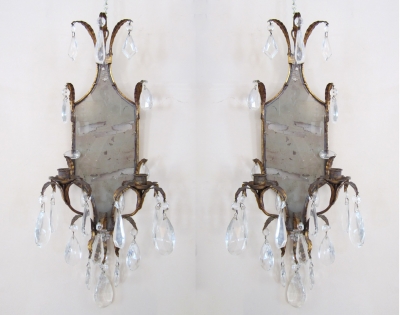 Pair of Elegant 1920's Tole & Crystal Sconces