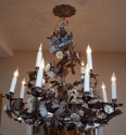 French Iron, Tole & Porcelain 12 Light Chandelier